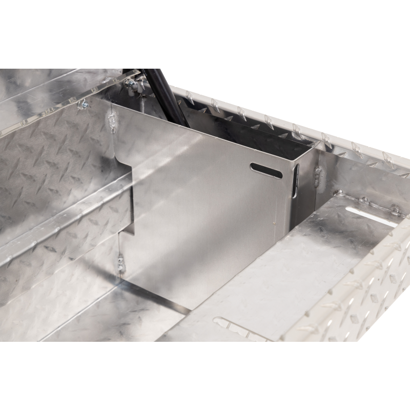 Interior of the Weather Guard 164-0-04 Lo-Side box showing the removable divided tray riding on the inner ledge above the main storage