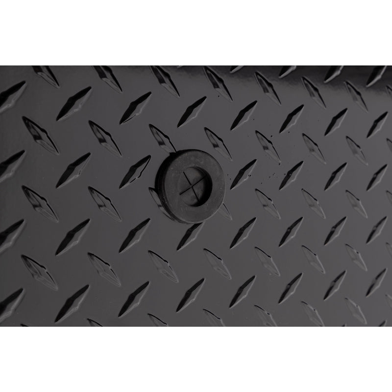 Weather Guard 164-5-04 Lo-Side box in gloss black, close-up of the 12 volt power pass access port grommet
