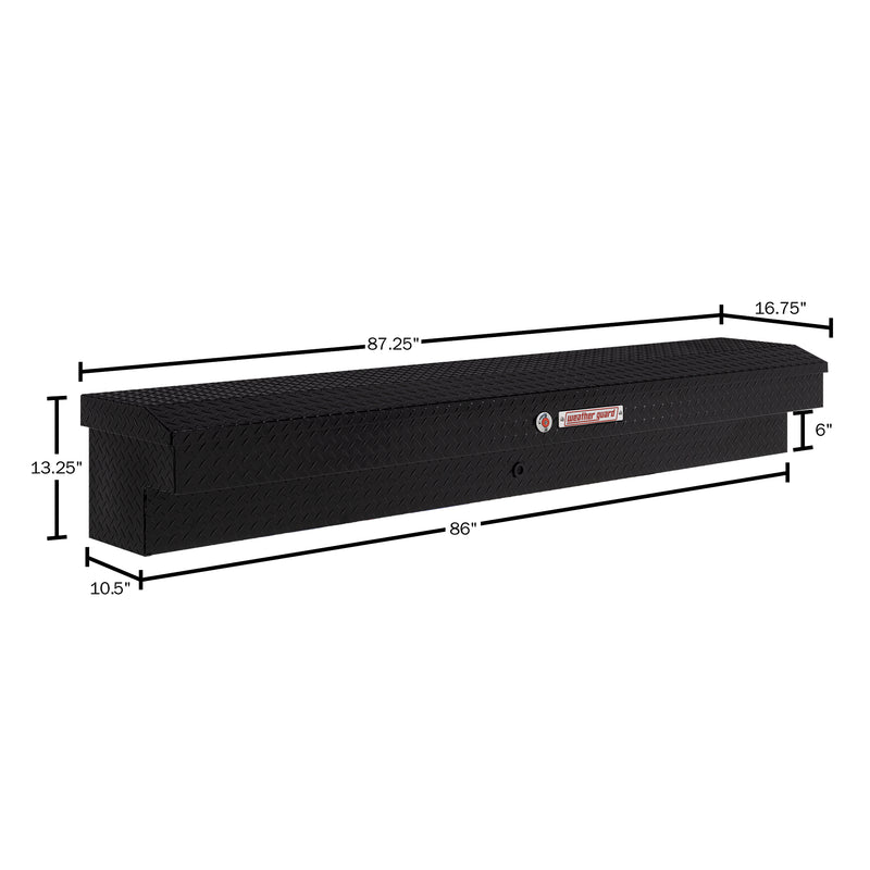 Weather Guard 164-5-04 Lo-Side box in gloss black, dimensional line drawing with the overall length, width and height called out