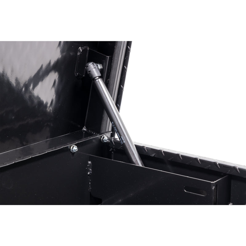 Weather Guard 164-5-04 Lo-Side box in gloss black, close-up of the gas strut holding the lid open