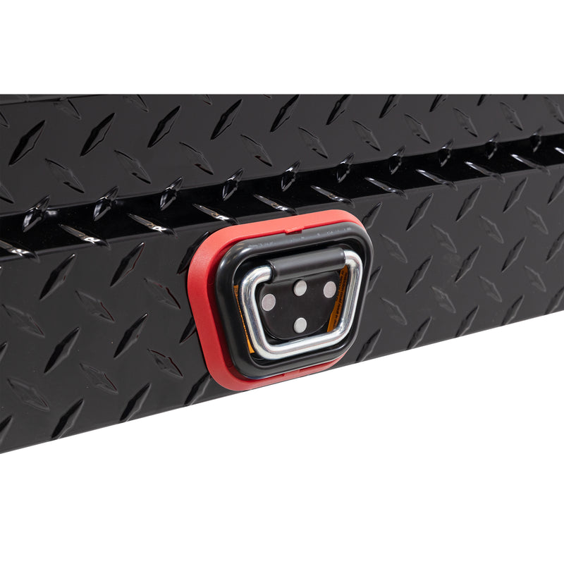Weather Guard 164-5-04 Lo-Side box in gloss black, close-up of the reinforced tie-down buckle on the body