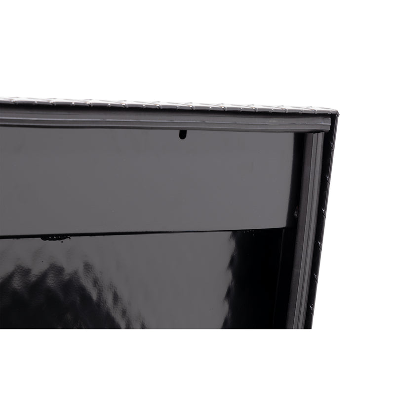 Weather Guard 164-5-04 Lo-Side box in gloss black, close-up of the D-shaped ribbed weather seal around the opening