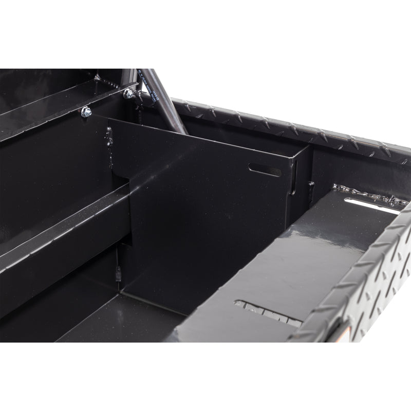 Weather Guard 164-5-04 Lo-Side box in gloss black, close-up of the welded gas strut shield inside the body