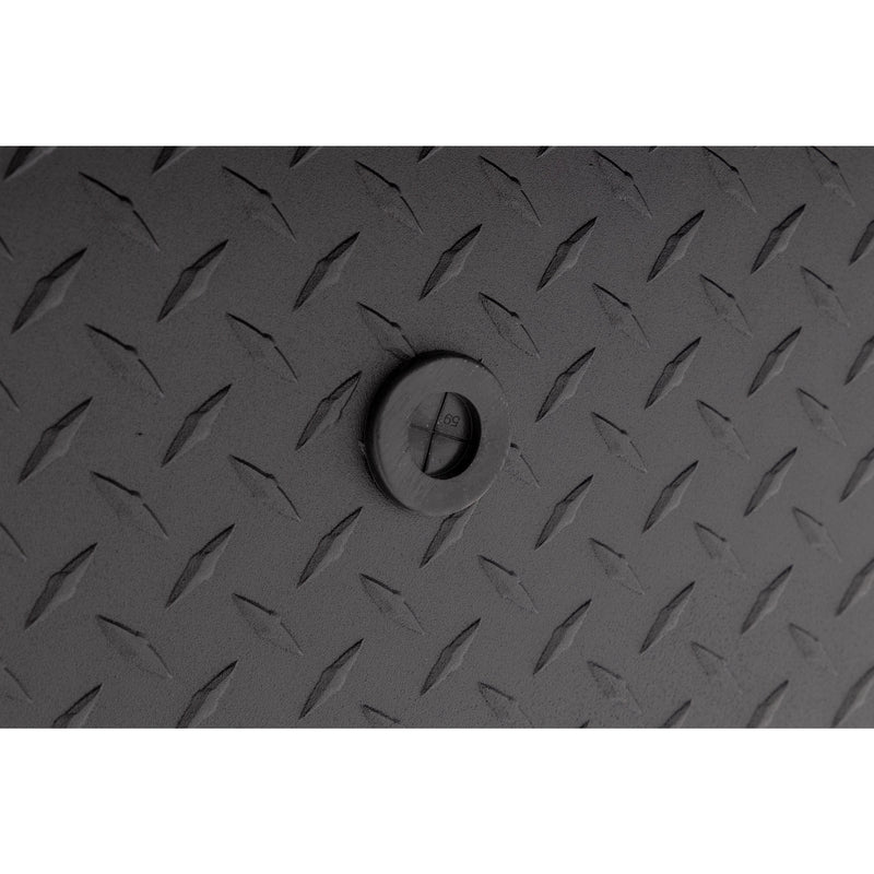 Weather Guard 164-52-04 Lo-Side box in textured matte black, close-up of the 12 volt power pass access port grommet