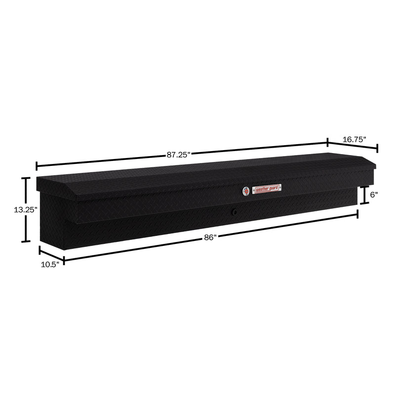 Weather Guard 164-52-04 Lo-Side box in textured matte black, dimensional line drawing with the overall length, width and height called out