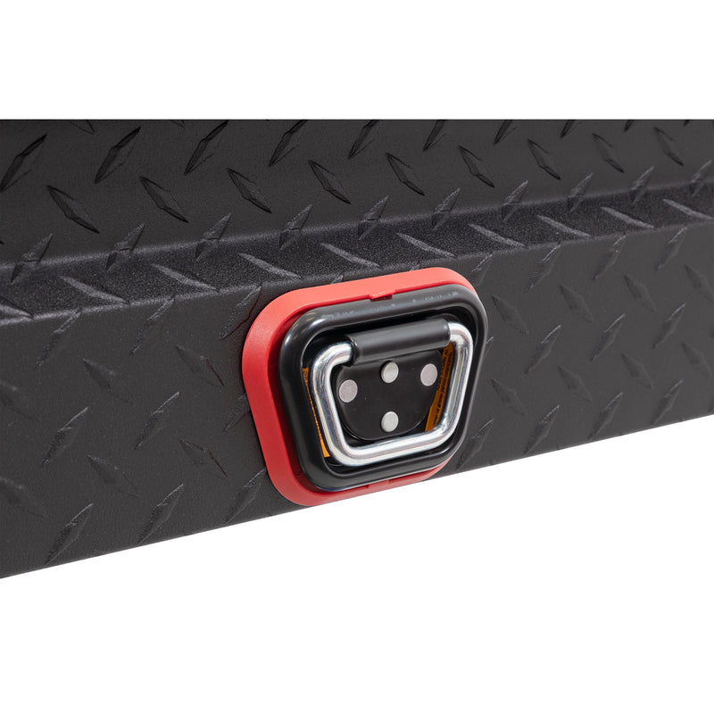 Weather Guard 164-52-04 Lo-Side box in textured matte black, close-up of the reinforced tie-down buckle on the body