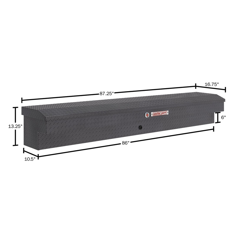 Weather Guard 164-6-04 Lo-Side box in gunmetal gray, dimensional line drawing with the overall length, width and height called out