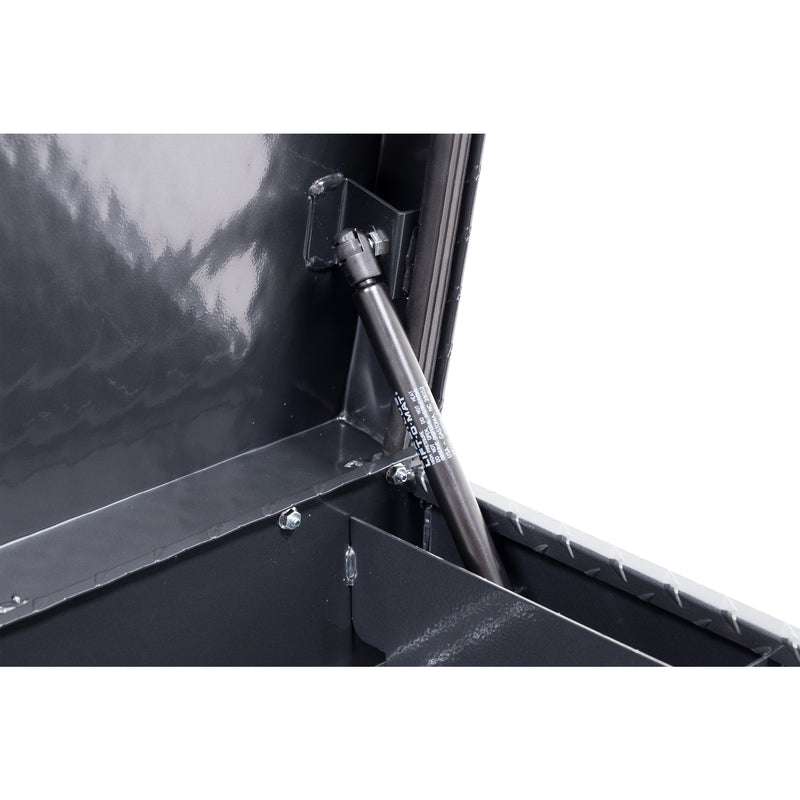 Weather Guard 164-6-04 Lo-Side box in gunmetal gray, close-up of the gas strut holding the lid open