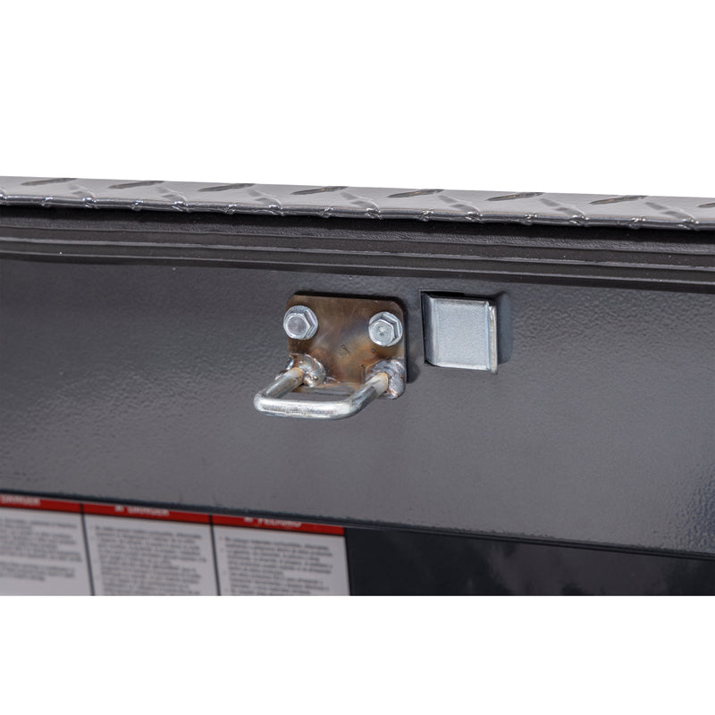 Weather Guard 164-6-04 Lo-Side box in gunmetal gray, close-up of the latch and striker along the lid opening