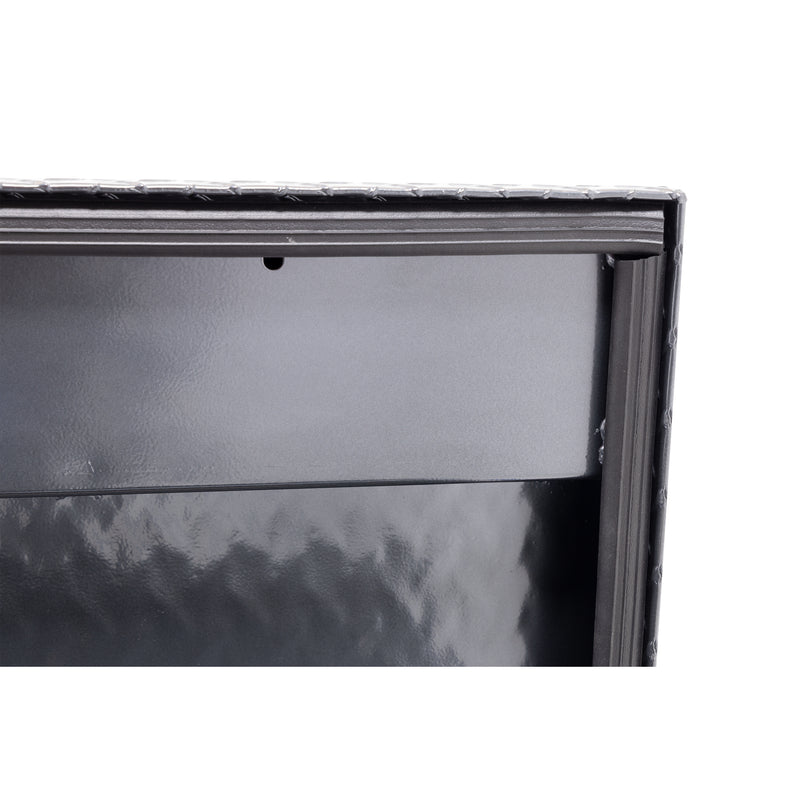 Weather Guard 164-6-04 Lo-Side box in gunmetal gray, close-up of the D-shaped ribbed weather seal around the opening