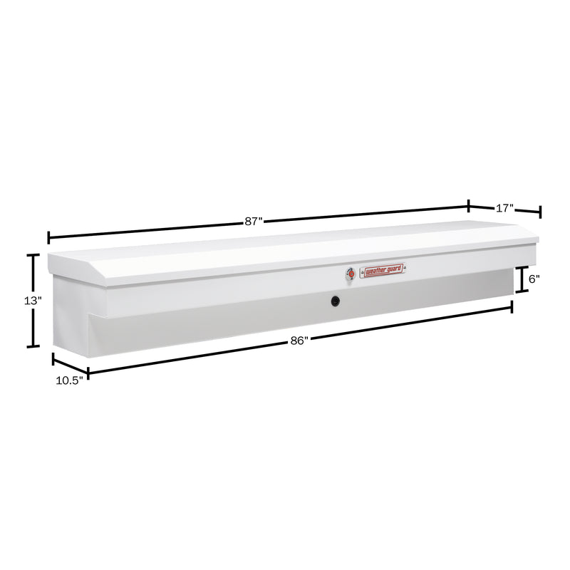 Weather Guard 165-3-04 Lo-Side box in brite white, dimensional line drawing with the overall length, width and height called out