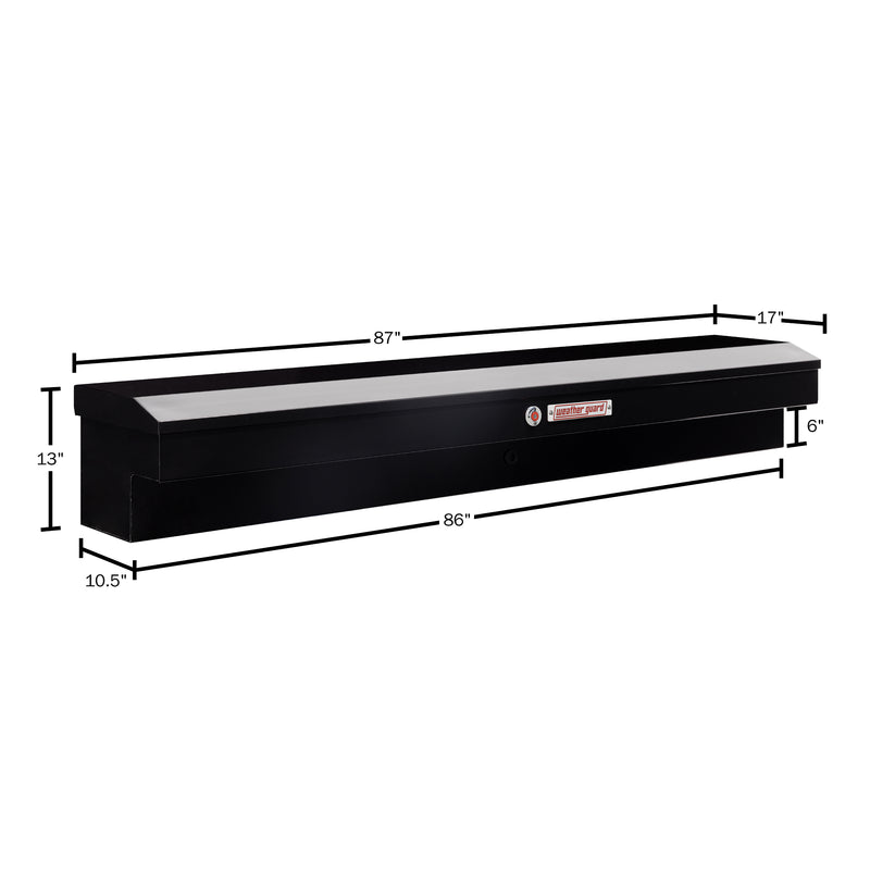 Weather Guard 165-5-04 Lo-Side box in gloss black, dimensional line drawing with the overall length, width and height called out