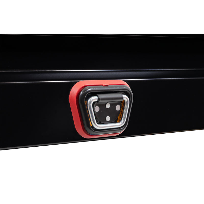 Weather Guard 165-5-04 Lo-Side box in gloss black, close-up of the reinforced tie-down buckle on the body