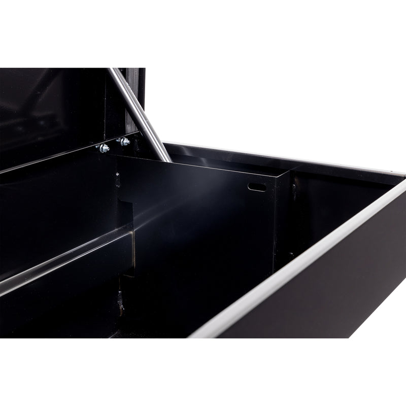 Weather Guard 165-5-04 Lo-Side box in gloss black, close-up of the welded gas strut shield inside the body
