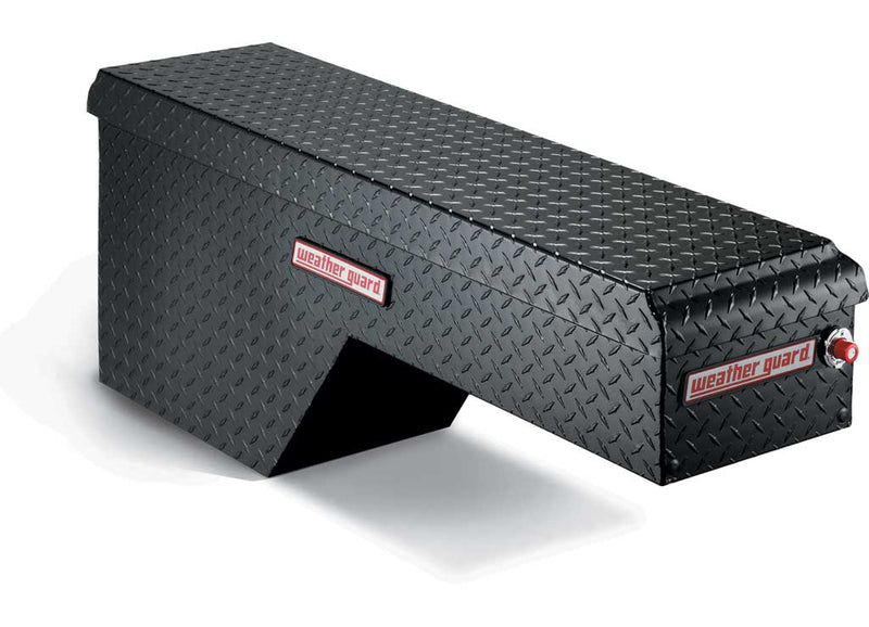 Weather Guard 172-5-01 driver-side pork chop box in Gloss Black aluminum diamond plate, front three-quarter studio view showing the angled wheel-well cutout