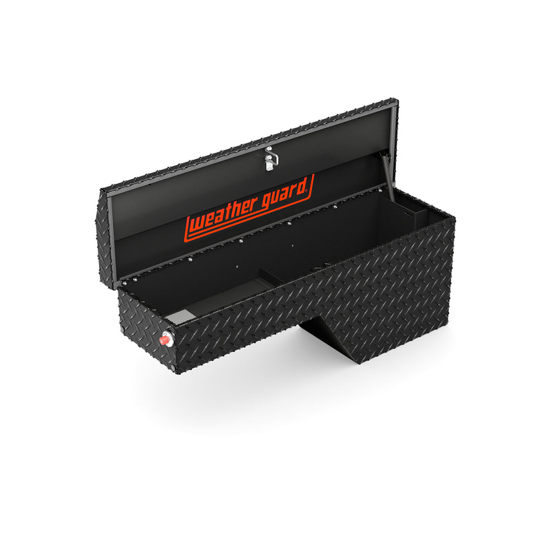 Weather Guard 172-5-04 wheel well box in gloss black, lid open, showing the interior floor and the full opening