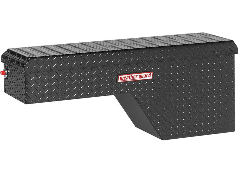 Weather Guard 173-5-01 passenger-side pork chop box in Gloss Black aluminum diamond plate, front three-quarter studio view showing the angled wheel-well cutout
