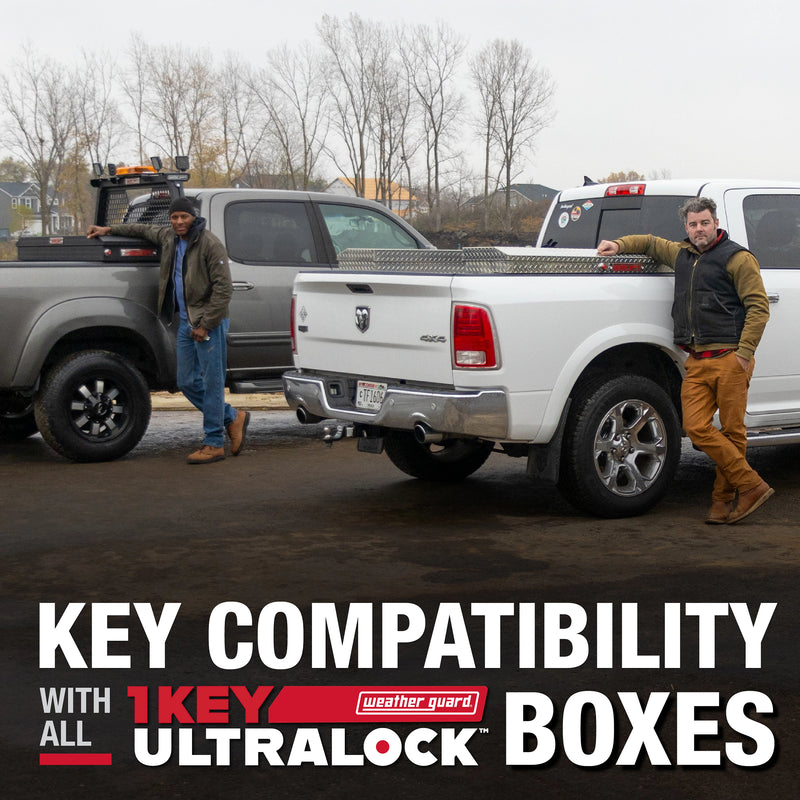 Weather Guard 173-5-04 wheel well box: Weather Guard 1Key UltraLock key-compatibility graphic showing two work trucks