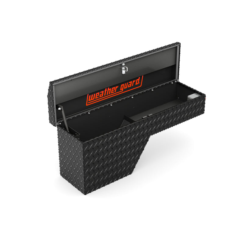 Weather Guard 173-5-04 wheel well box in gloss black, lid open, showing the interior floor and the full opening
