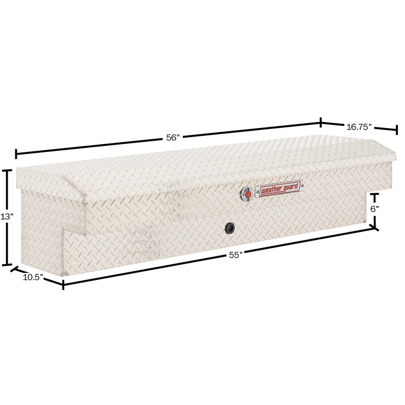 Weather Guard 174-0-04 Lo-Side box in bright aluminum diamond plate, dimensional line drawing with the overall length, width and height called out