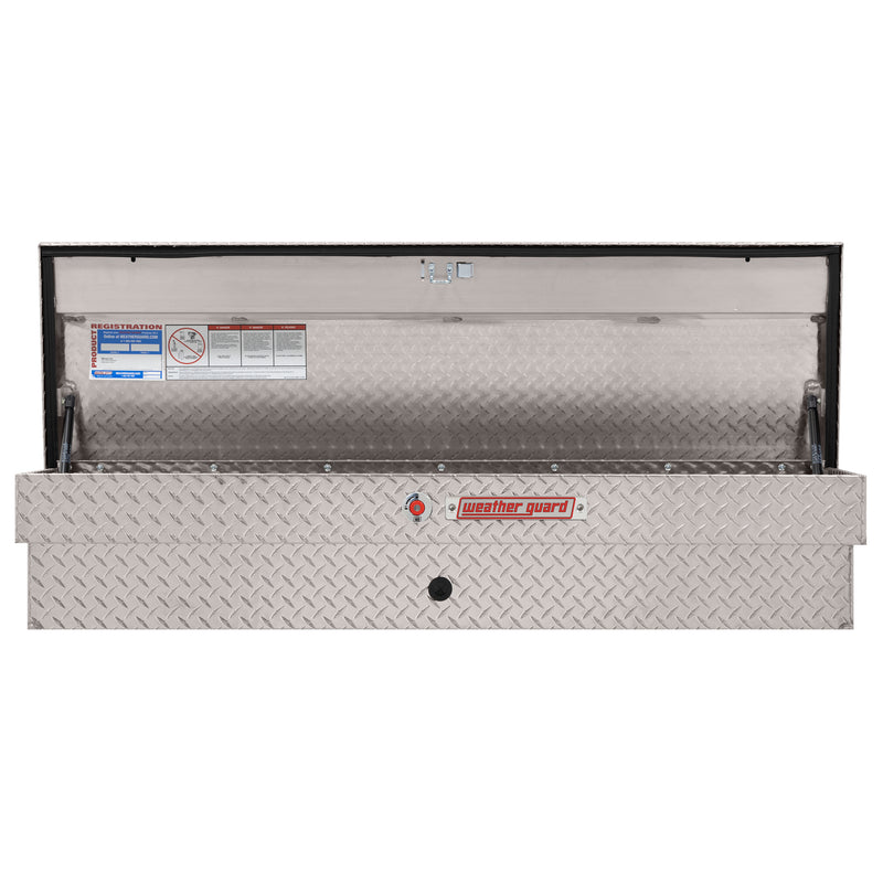 Weather Guard 174-0-04 Lo-Side box in bright aluminum diamond plate, straight-on front view with the lid open, showing the full interior
