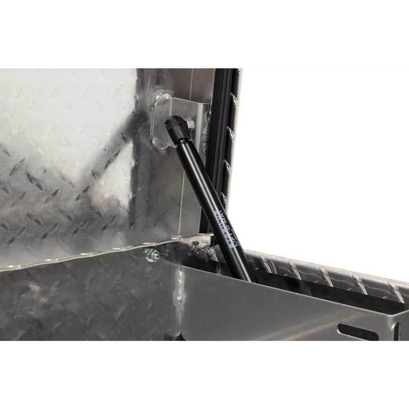 Weather Guard 174-0-04 Lo-Side box in bright aluminum diamond plate, close-up of the gas strut holding the lid open