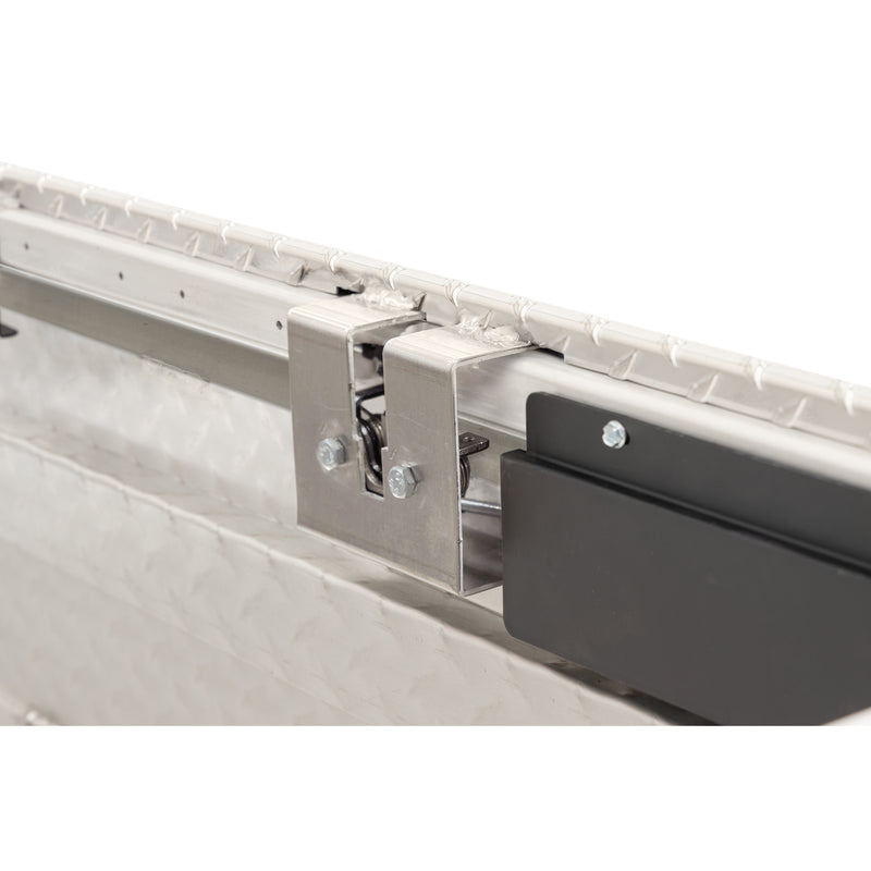 Weather Guard 174-0-04 Lo-Side box in bright aluminum diamond plate, close-up of the rotary latch and locking mechanism inside the body