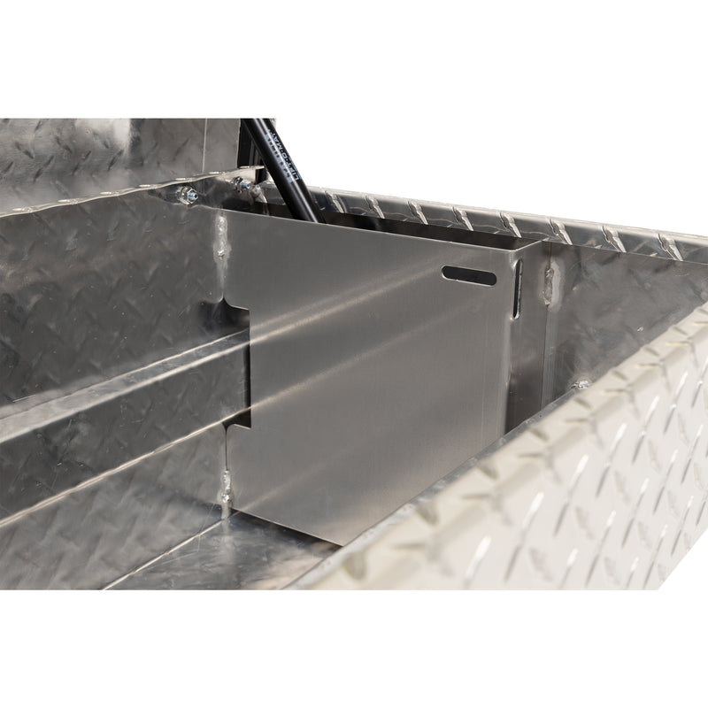 Weather Guard 174-0-04 Lo-Side box in bright aluminum diamond plate, close-up of the welded gas strut shield inside the body
