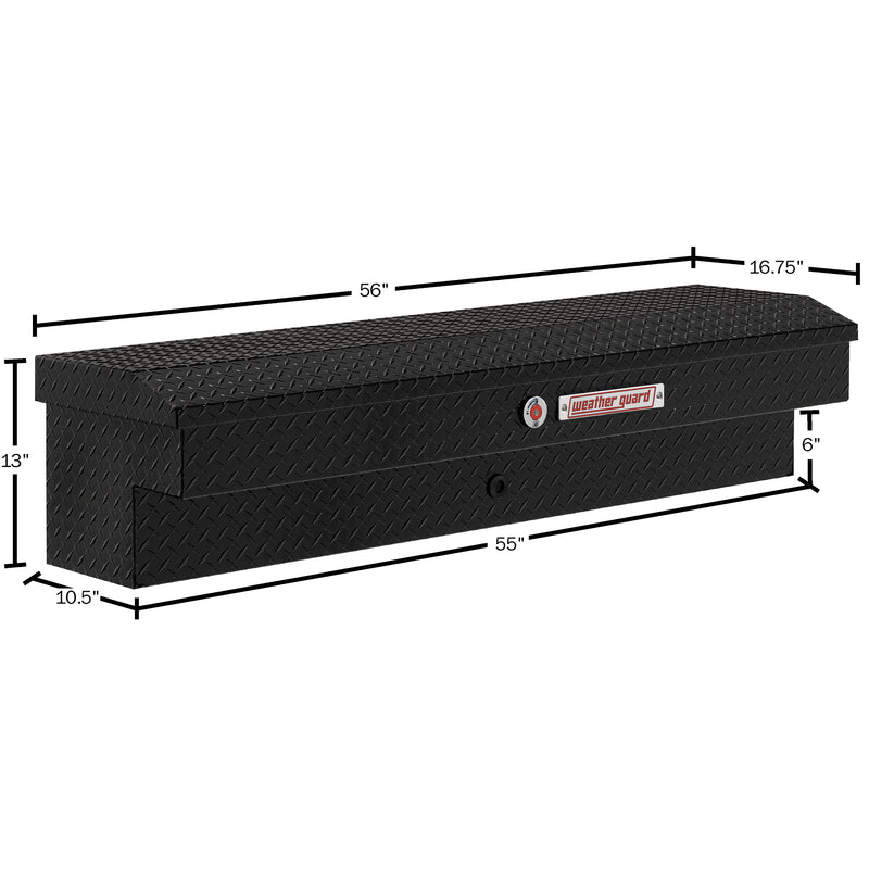 Weather Guard 174-5-04 Lo-Side box in gloss black, dimensional line drawing with the overall length, width and height called out
