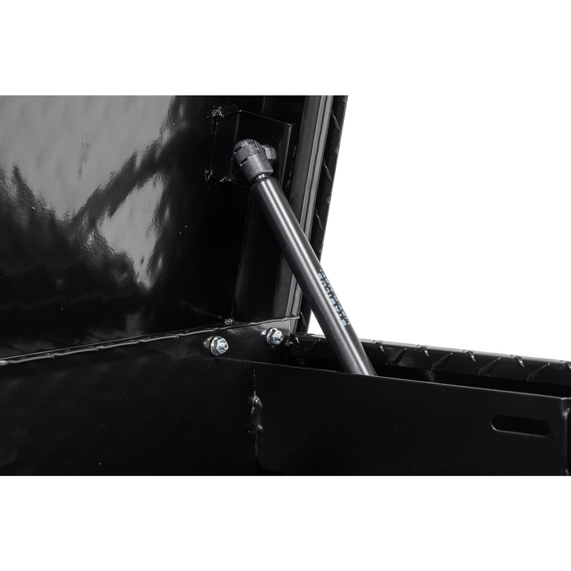 Weather Guard 174-5-04 Lo-Side box in gloss black, close-up of the gas strut holding the lid open