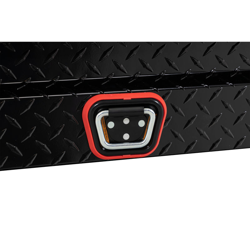 Weather Guard 174-5-04 Lo-Side box in gloss black, close-up of the reinforced tie-down buckle on the body