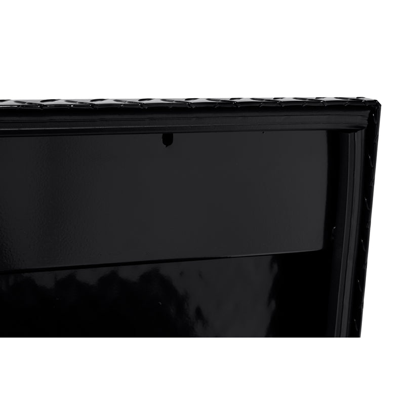 Weather Guard 174-5-04 Lo-Side box in gloss black, close-up of the D-shaped ribbed weather seal around the opening
