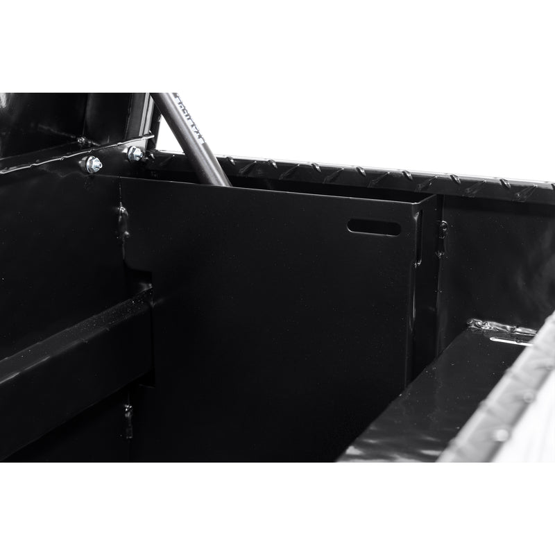 Weather Guard 174-5-04 Lo-Side box in gloss black, close-up of the welded gas strut shield inside the body