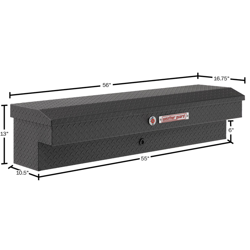 Weather Guard 174-52-04 Lo-Side box in textured matte black, dimensional line drawing with the overall length, width and height called out