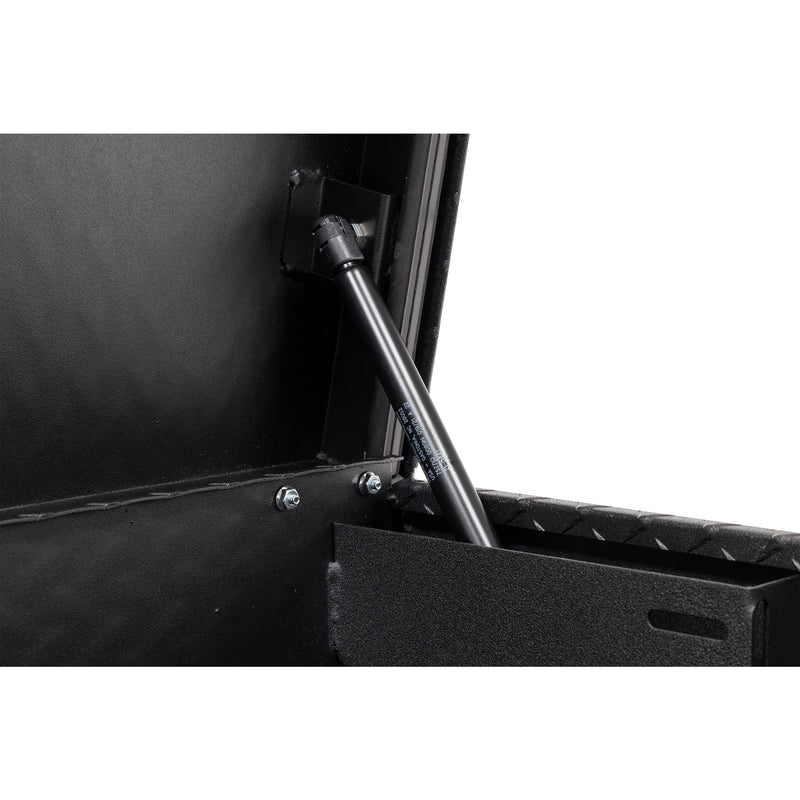 Weather Guard 174-52-04 Lo-Side box in textured matte black, close-up of the gas strut holding the lid open
