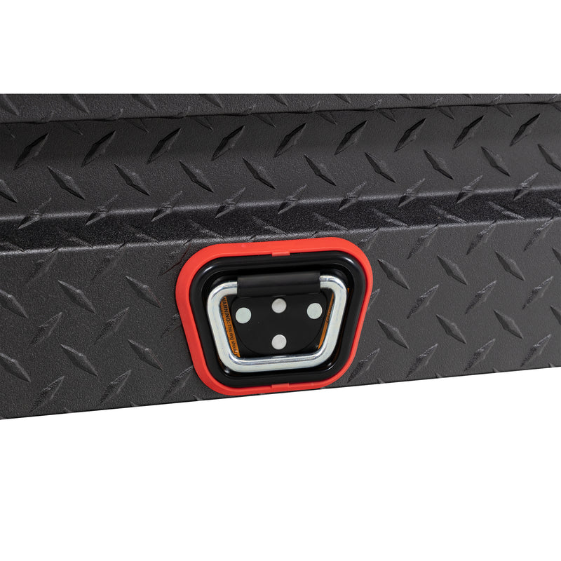 Weather Guard 174-52-04 Lo-Side box in textured matte black, close-up of the reinforced tie-down buckle on the body