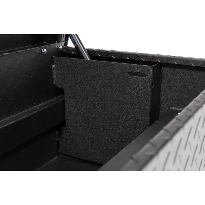 Weather Guard 174-52-04 Lo-Side box in textured matte black, close-up of the welded gas strut shield inside the body