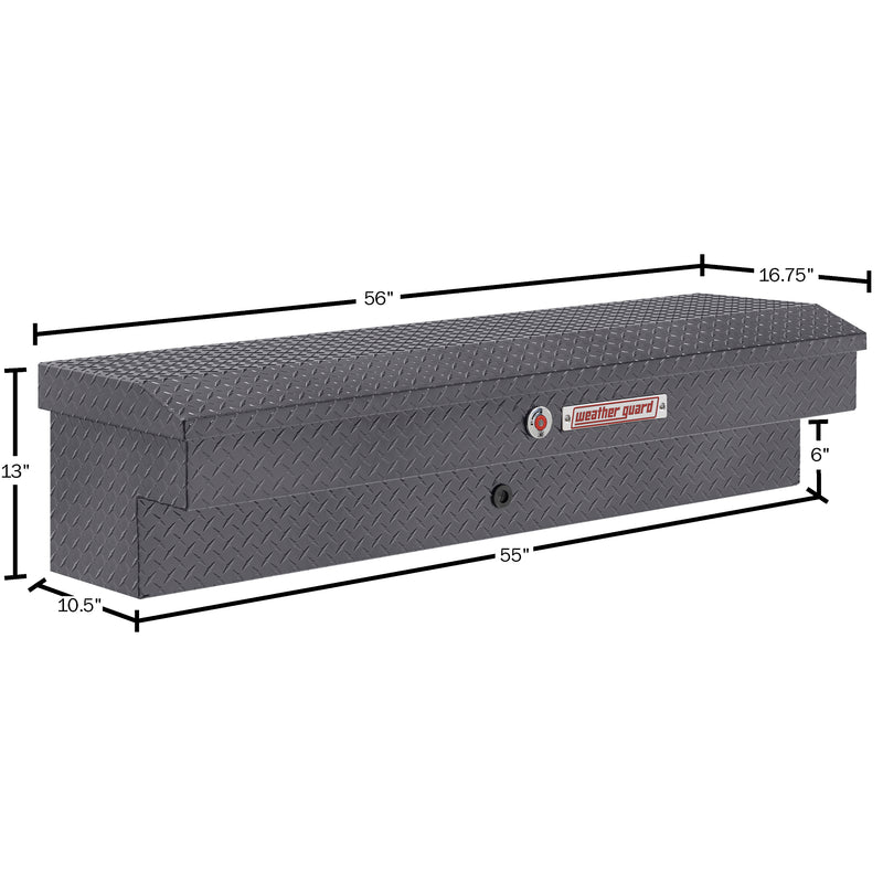 Weather Guard 174-6-04 Lo-Side box in gunmetal gray, dimensional line drawing with the overall length, width and height called out