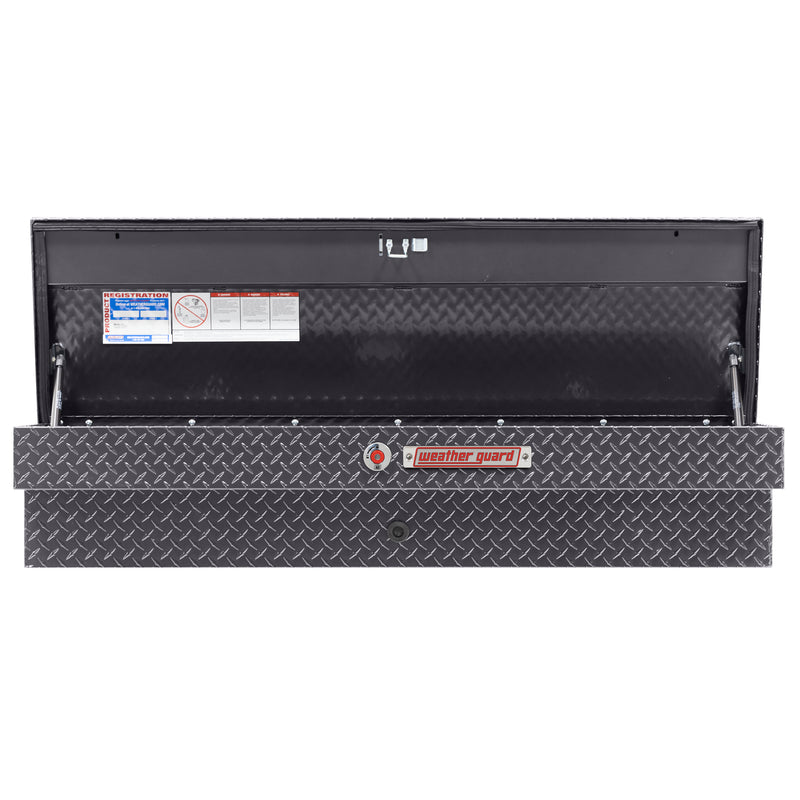 Weather Guard 174-6-04 Lo-Side box in gunmetal gray, straight-on front view with the lid open, showing the full interior
