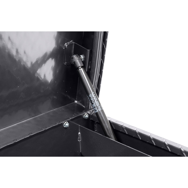 Weather Guard 174-6-04 Lo-Side box in gunmetal gray, close-up of the gas strut holding the lid open