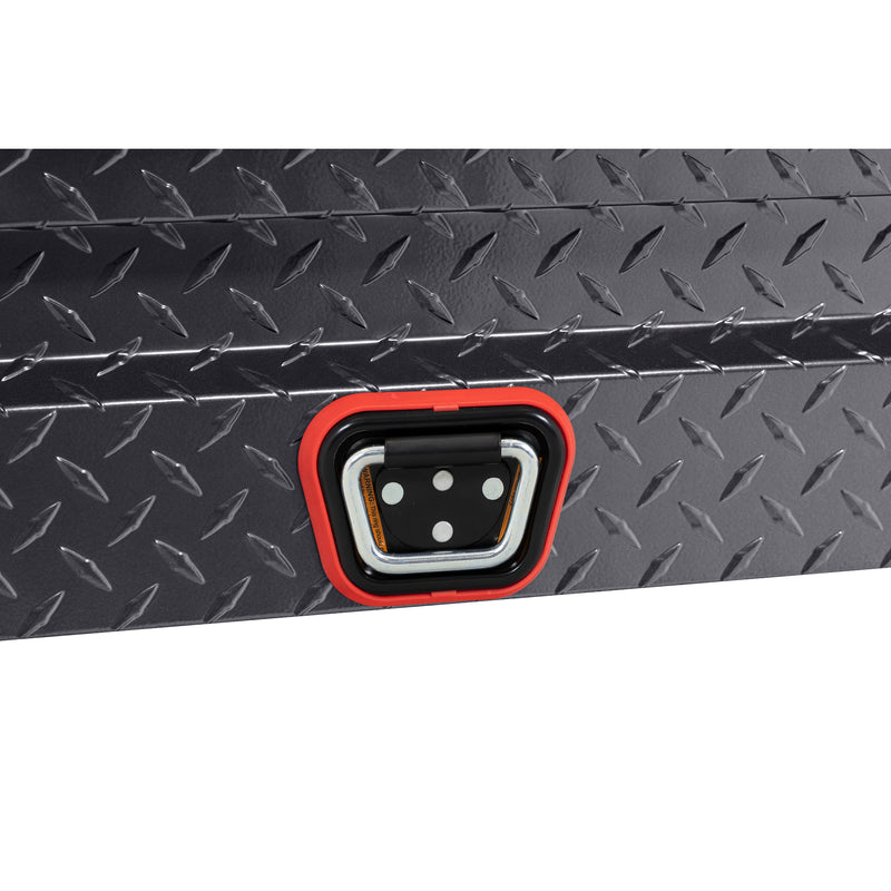 Weather Guard 174-6-04 Lo-Side box in gunmetal gray, close-up of the reinforced tie-down buckle on the body