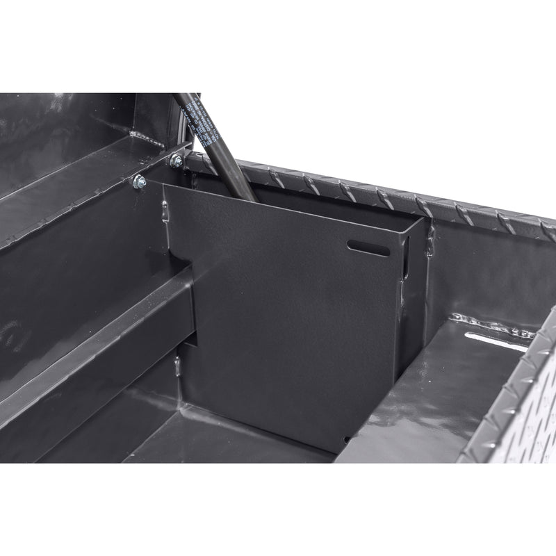 Weather Guard 174-6-04 Lo-Side box in gunmetal gray, close-up of the welded gas strut shield inside the body