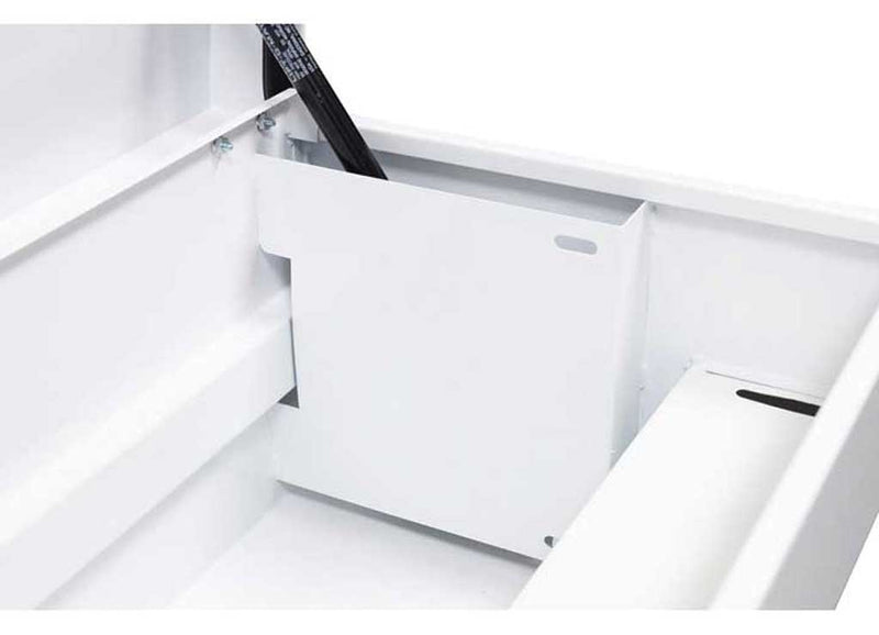 Weather Guard 175-3-03 56 in Lo-Side box with the lid open, showing the interior, removable tray and Weather Guard logo plate