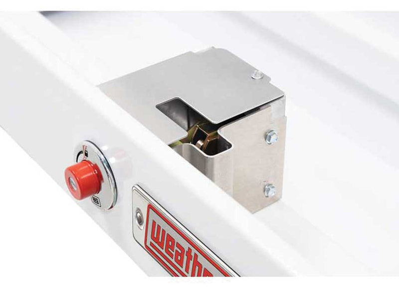 Close-up of the under-rail mounting clamp and hardware that secures the Weather Guard 175-3-03 box to the bed rail without drilling
