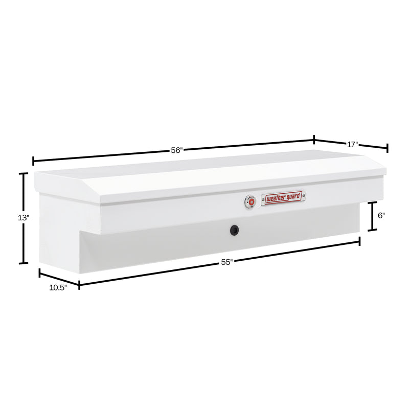 Weather Guard 175-3-04 Lo-Side box in brite white, dimensional line drawing with the overall length, width and height called out