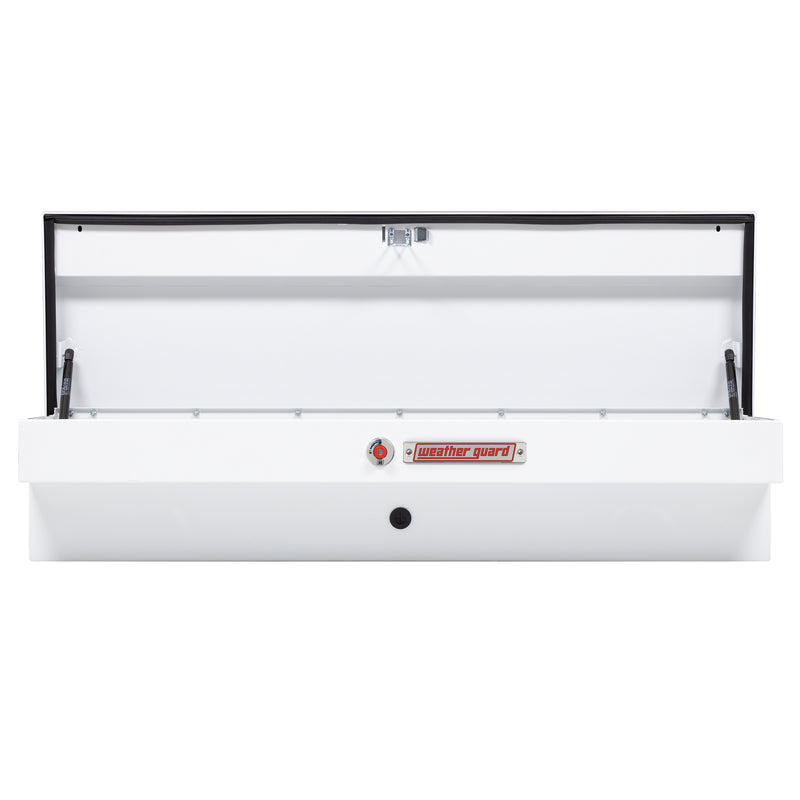 Weather Guard 175-3-04 Lo-Side box in brite white, straight-on front view with the lid open, showing the full interior