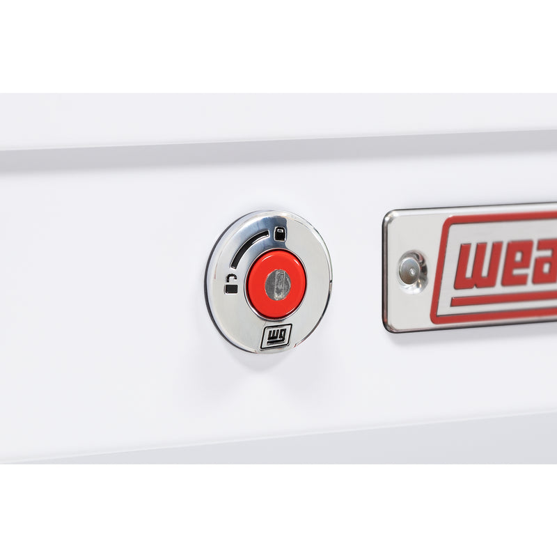 Weather Guard 175-3-04 Lo-Side box in brite white, close-up of the red push-button lock and Weather Guard badge