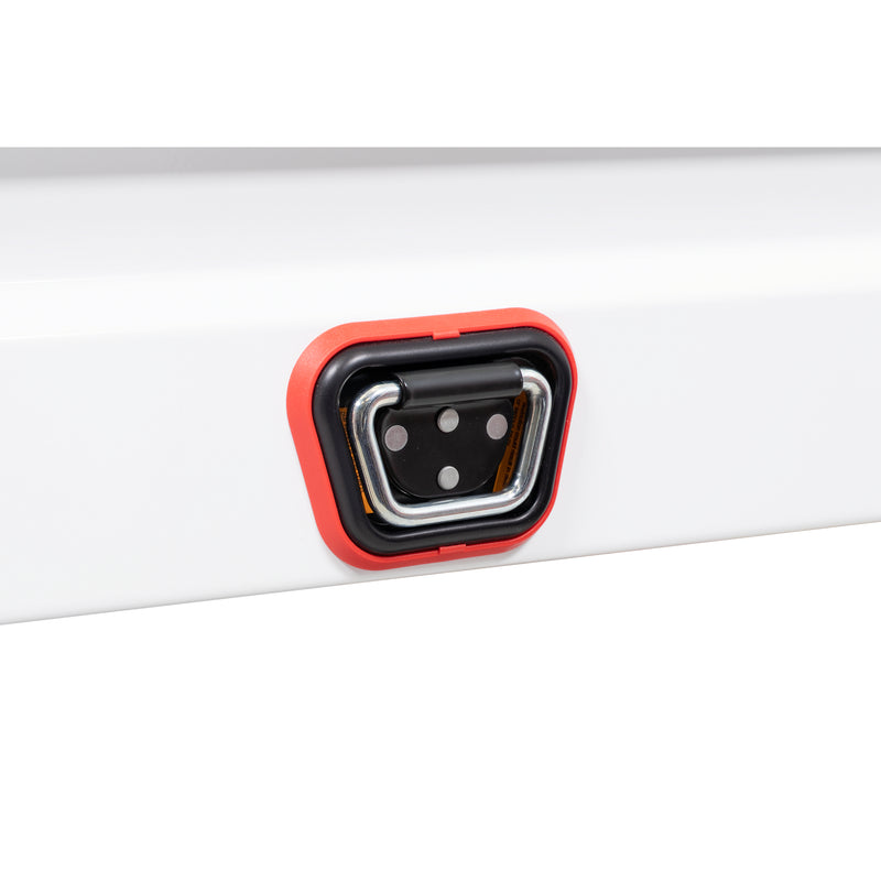 Weather Guard 175-3-04 Lo-Side box in brite white, close-up of the reinforced tie-down buckle on the body
