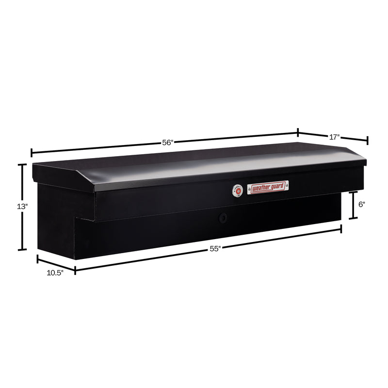 Weather Guard 175-5-04 Lo-Side box in gloss black, dimensional line drawing with the overall length, width and height called out