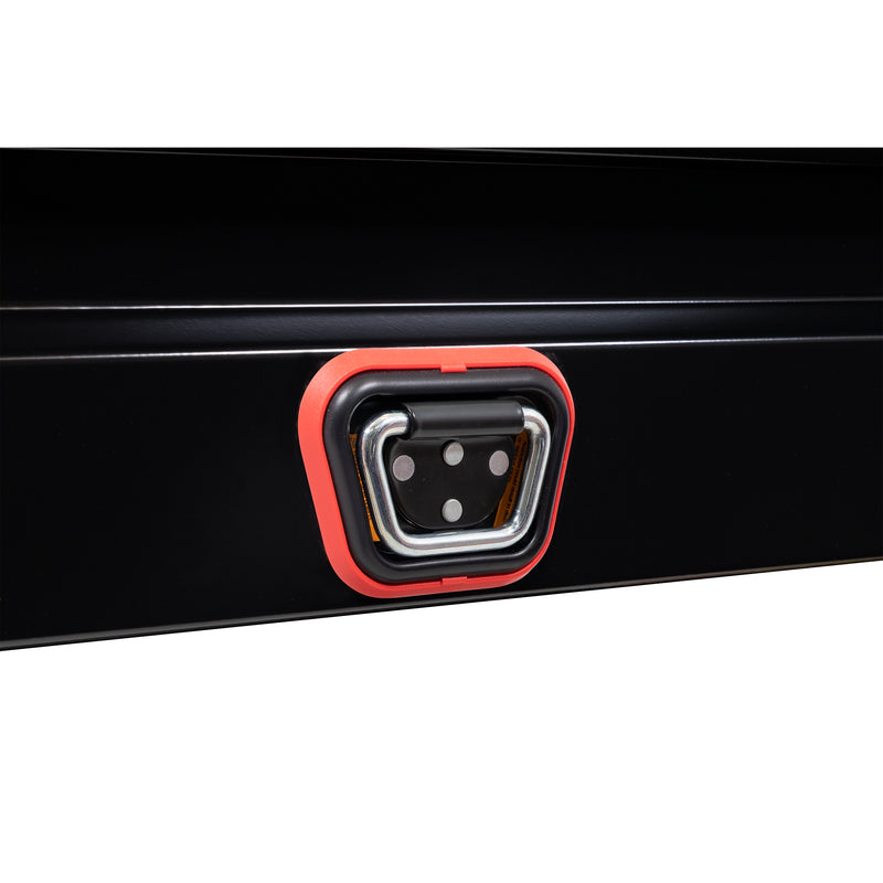 Weather Guard 175-5-04 Lo-Side box in gloss black, close-up of the reinforced tie-down buckle on the body